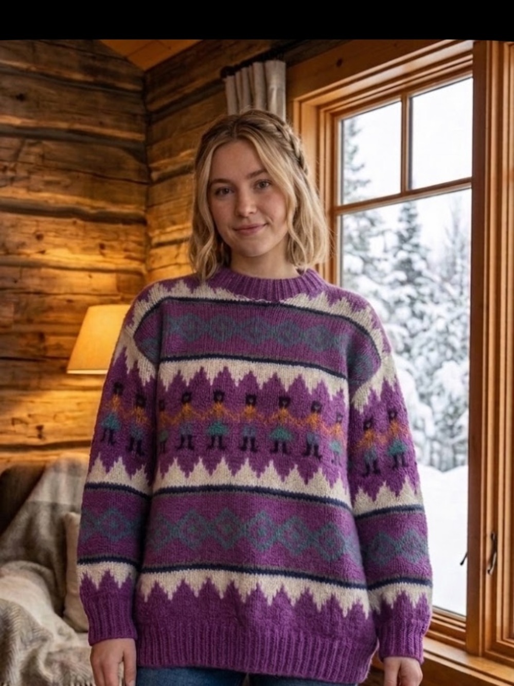 Vibrant Purple Patterned Women's Turtleneck Sweater